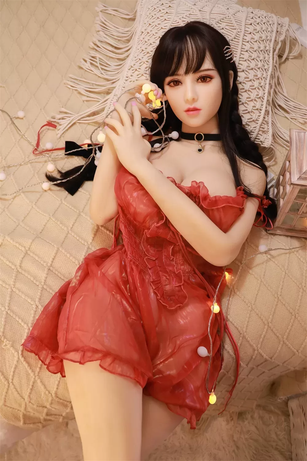 Asian Series Style Silicone Sex Doll Men's Sexual Masturbation Set, Height 158, Chest, Nipple, Pink, And Genital Organs, Slim Figure, Red Transparent Underwear, Yellow Skin, Black Hair, Sexual Beauty Doll 9