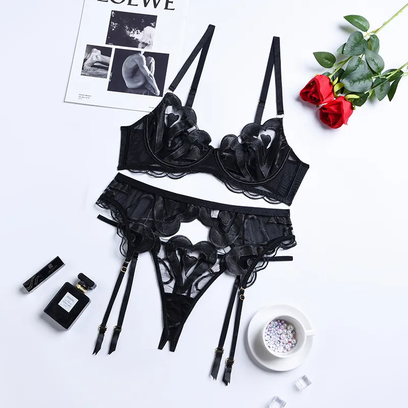 Ellolace Sexy Lingerie Luxury Lace Embroidery Fancy Underwear 3-Pieces Pushup Sex Bra And Briefs Set Transparent Erotic Thongs