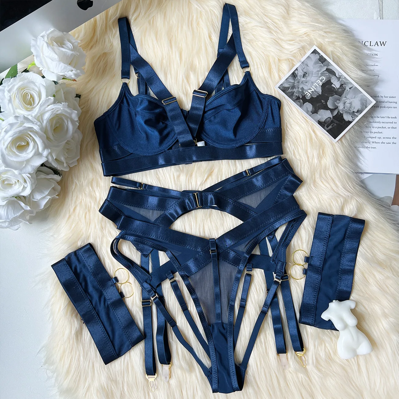 Ellolace Sexy Lingerie For Fine Women Navy Blue Sex Suit See Through Crotchless Panties Erotic Intimate Hot Push Up Underwear
