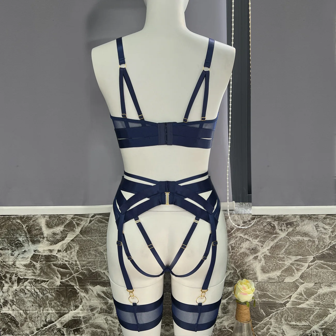 Ellolace Sexy Lingerie For Fine Women Navy Blue Sex Suit See Through Crotchless Panties Erotic Intimate Hot Push Up Underwear