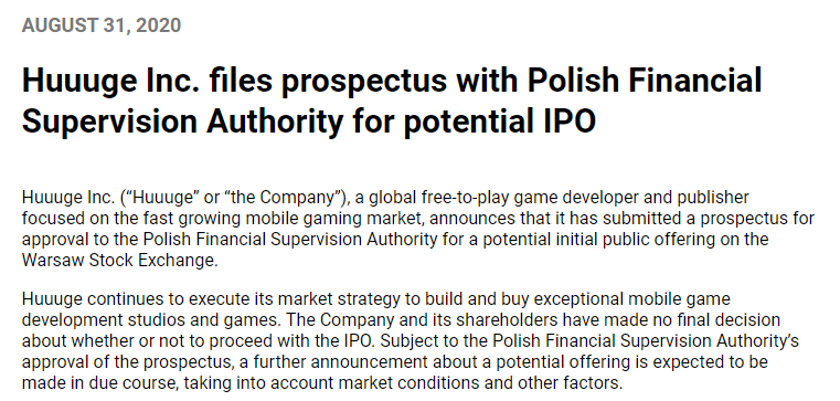 以博彩类手游起家的Huuuge拟IPO，去年收入2.6亿美元