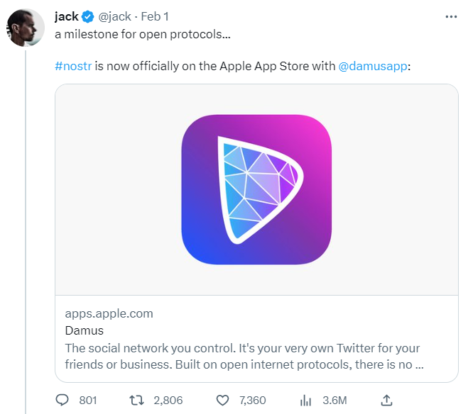 前Twitter创始人力荐Damus Web3社交应用的春天将至？